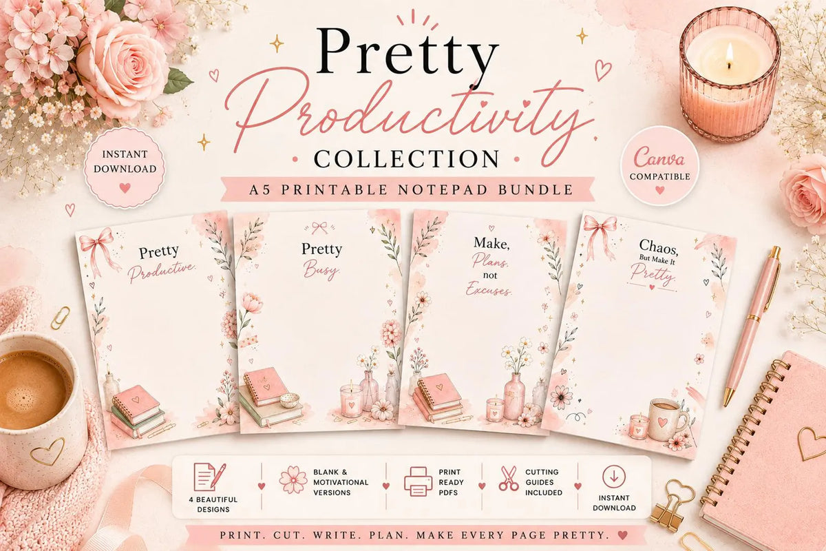 A5 Printable Notepad Bundle | Pink Floral Motivational & Blank Designs (Digital Download)
