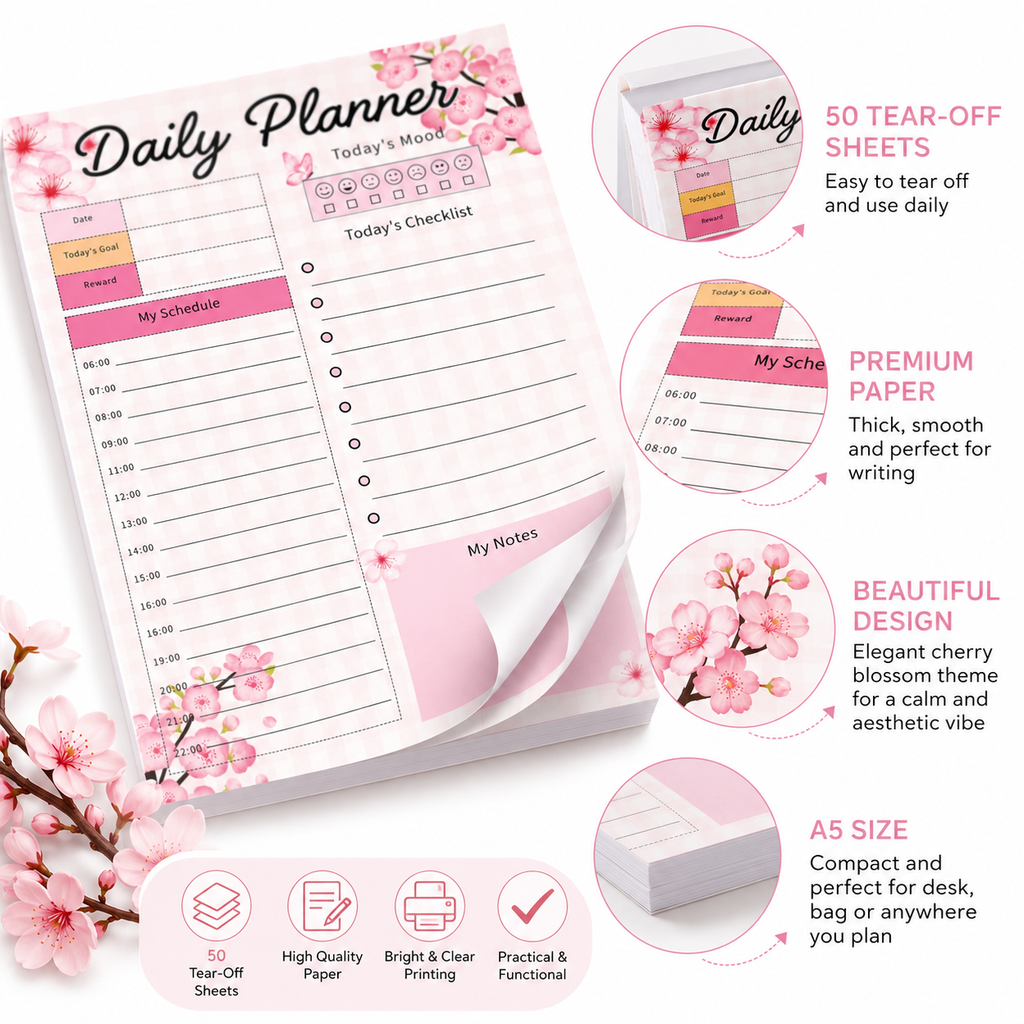 Pink Cherry Blossom A5 Daily Planner Notepad