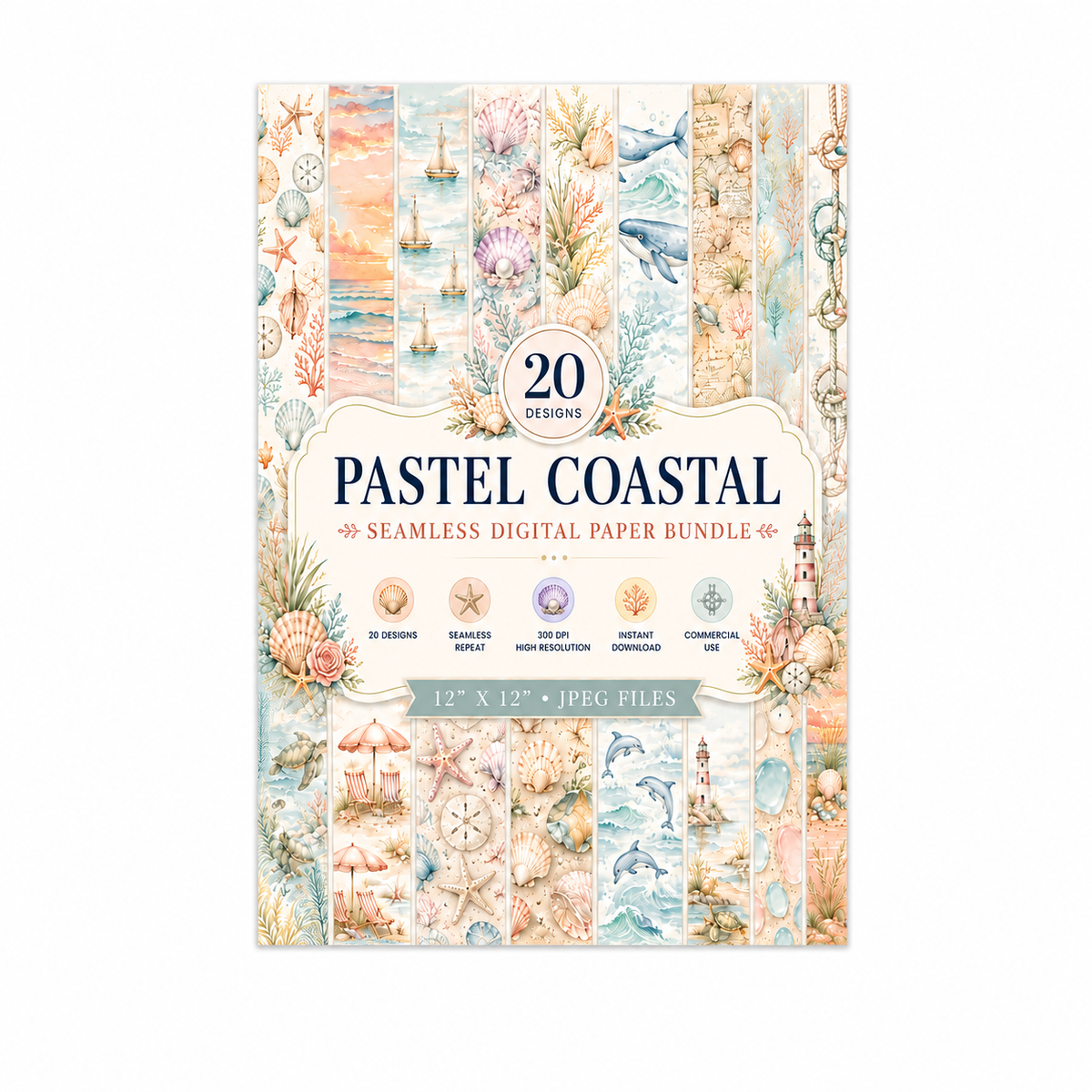 Pastel Coastal Watercolor Digital Paper Bundle | Beach Sunset Seamless Scrapbook Backgrounds (Digital Download)