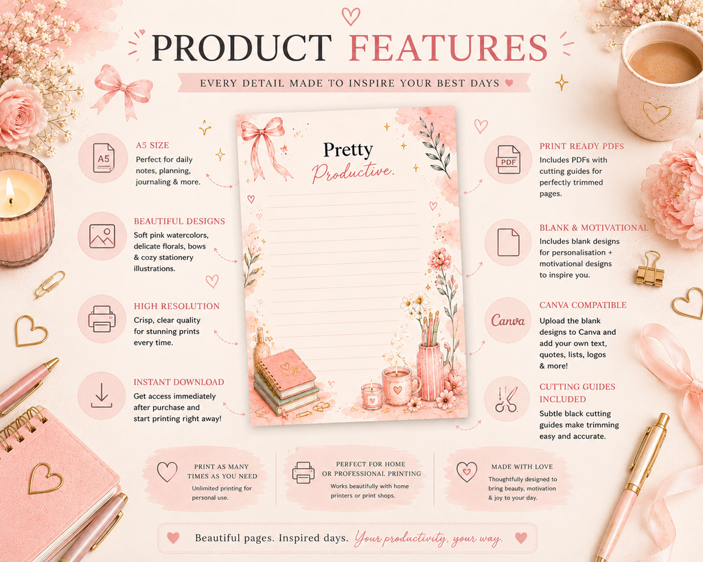A5 Printable Notepad Bundle | Pink Floral Motivational & Blank Designs (Digital Download)