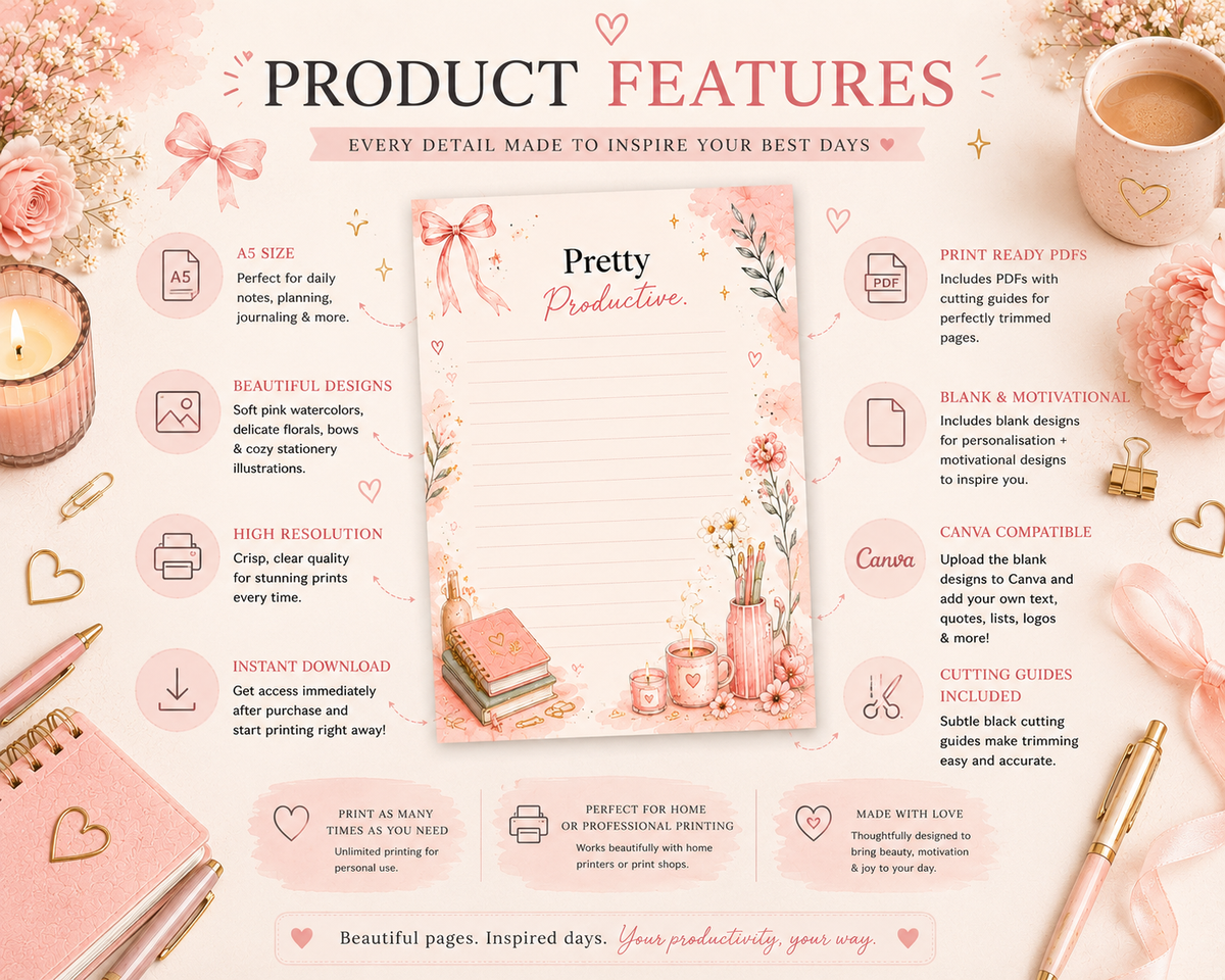 A5 Printable Notepad Bundle | Pink Floral Motivational & Blank Designs (Digital Download)