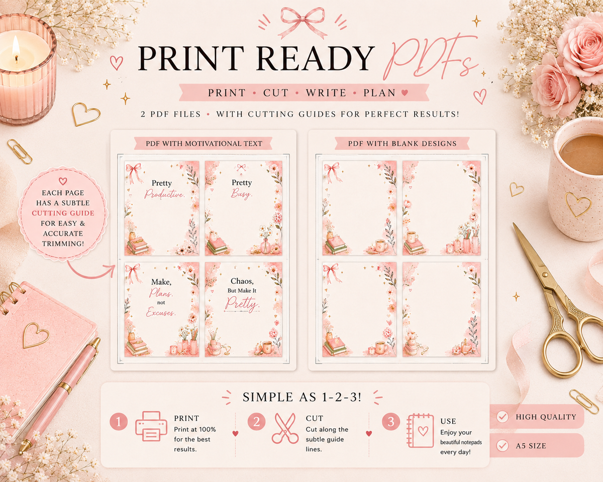 A5 Printable Notepad Bundle | Pink Floral Motivational & Blank Designs (Digital Download)
