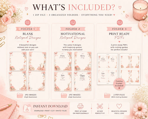 A5 Printable Notepad Bundle | Pink Floral Motivational & Blank Designs (Digital Download)