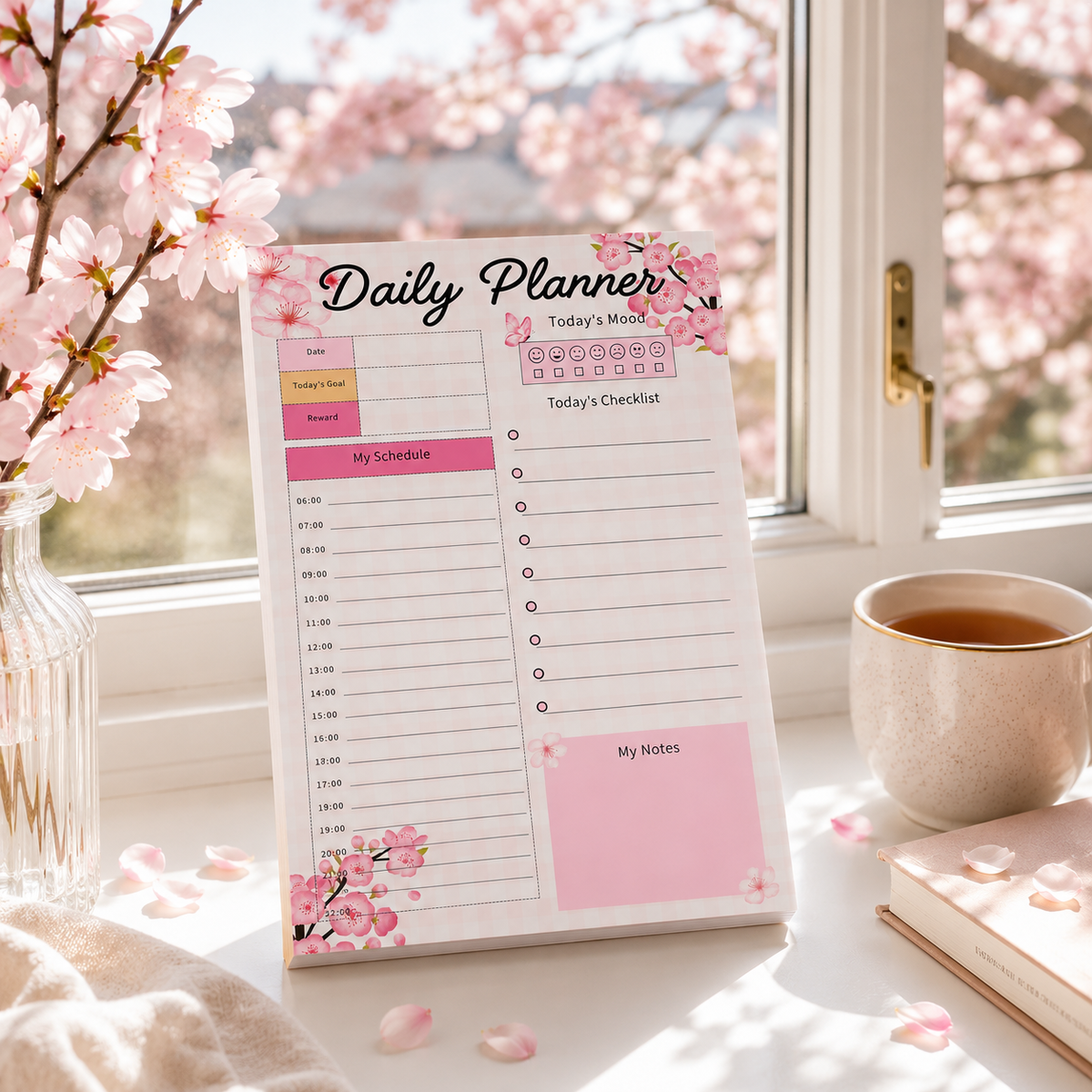 Pink Cherry Blossom A5 Daily Planner Notepad