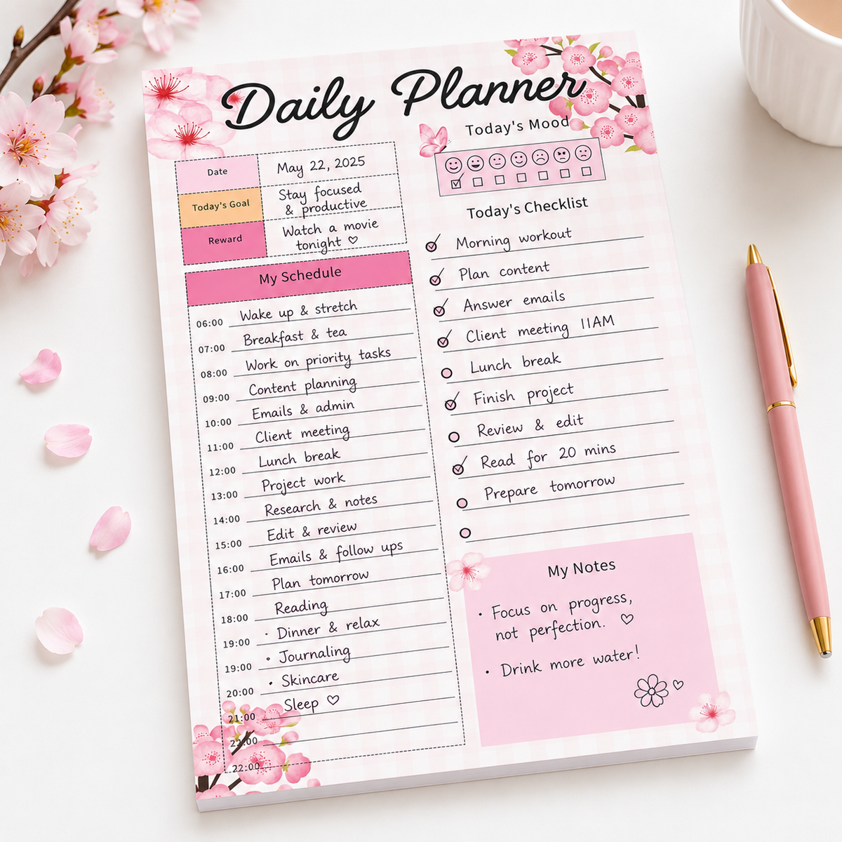 Pink Cherry Blossom A5 Daily Planner Notepad