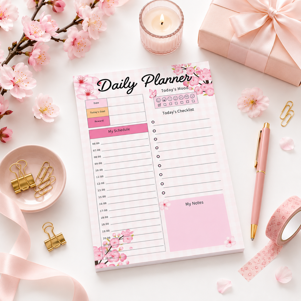 Pink Cherry Blossom A5 Daily Planner Notepad