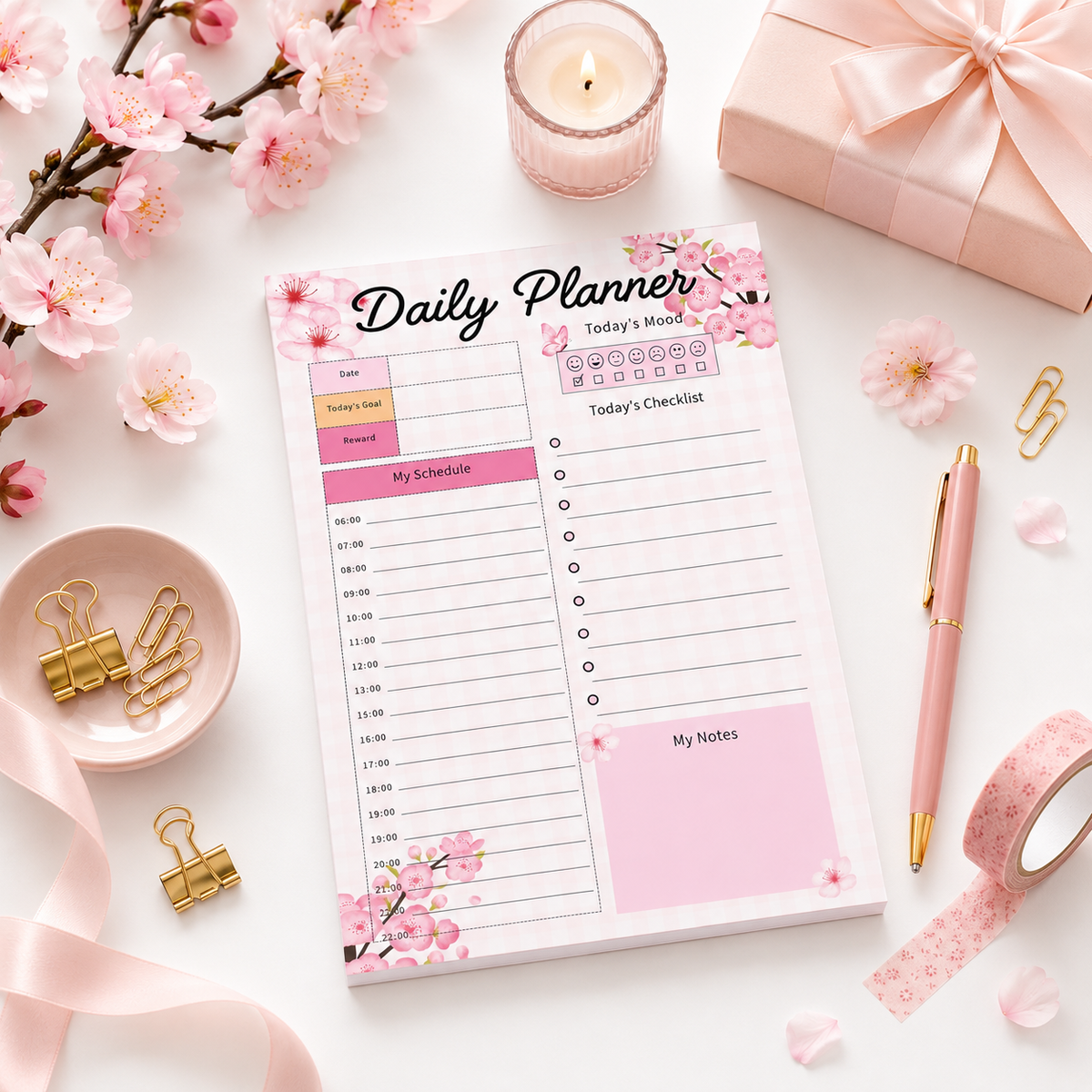 Pink Cherry Blossom A5 Daily Planner Notepad