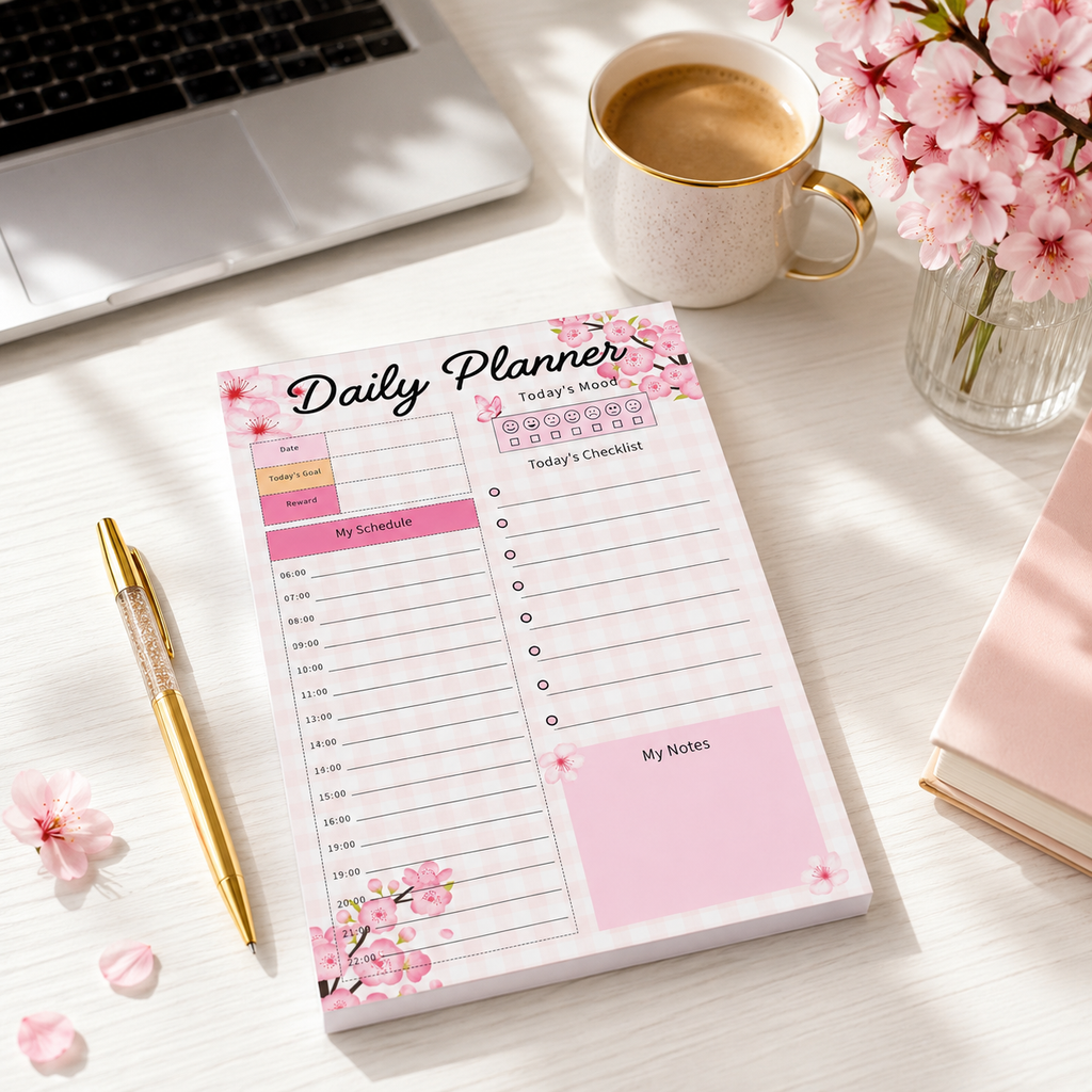 Pink Cherry Blossom A5 Daily Planner Notepad
