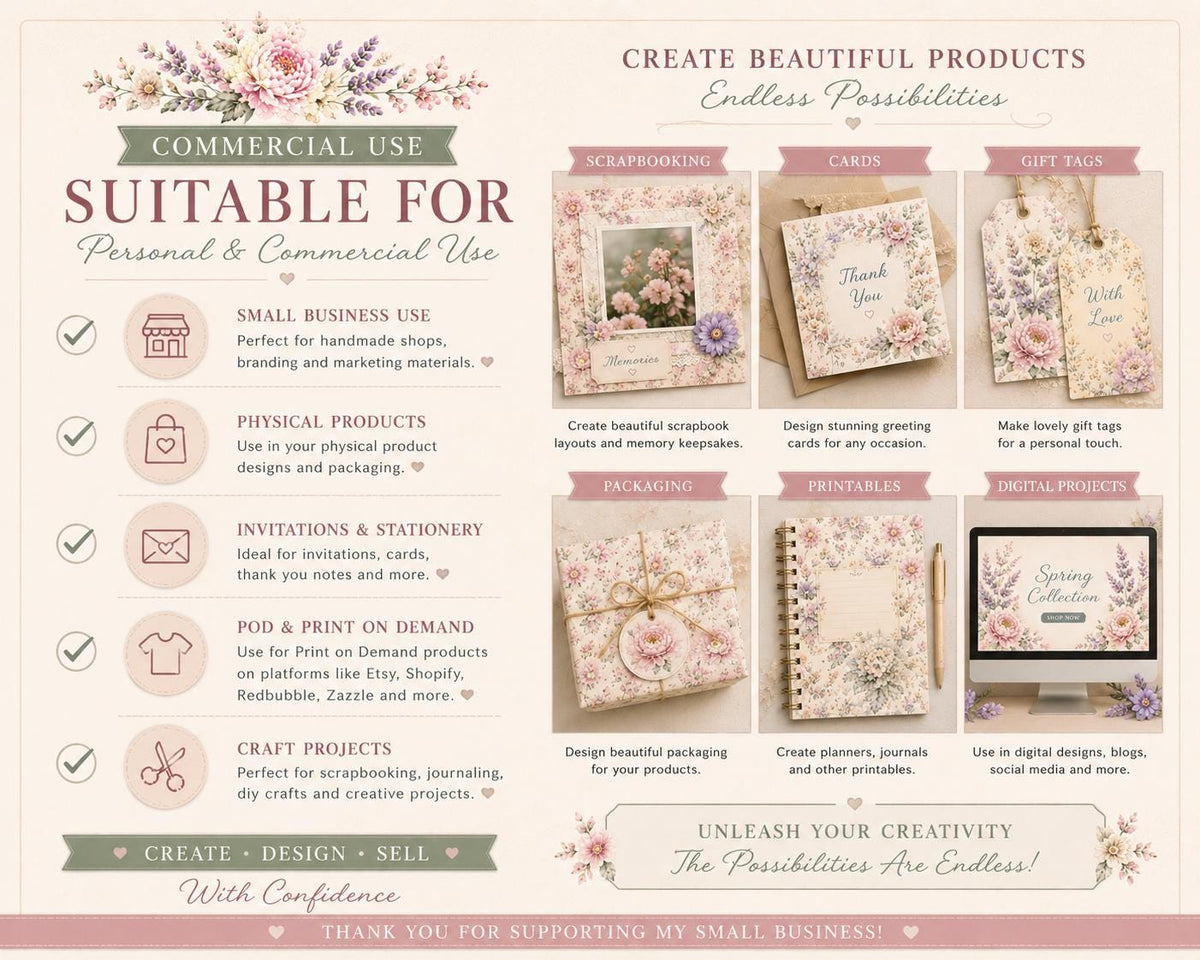 Pastel Floral Digital Paper | Watercolor Flower Patterns | Seamless Scrapbook Paper | Printable Backgrounds | Commercial Use