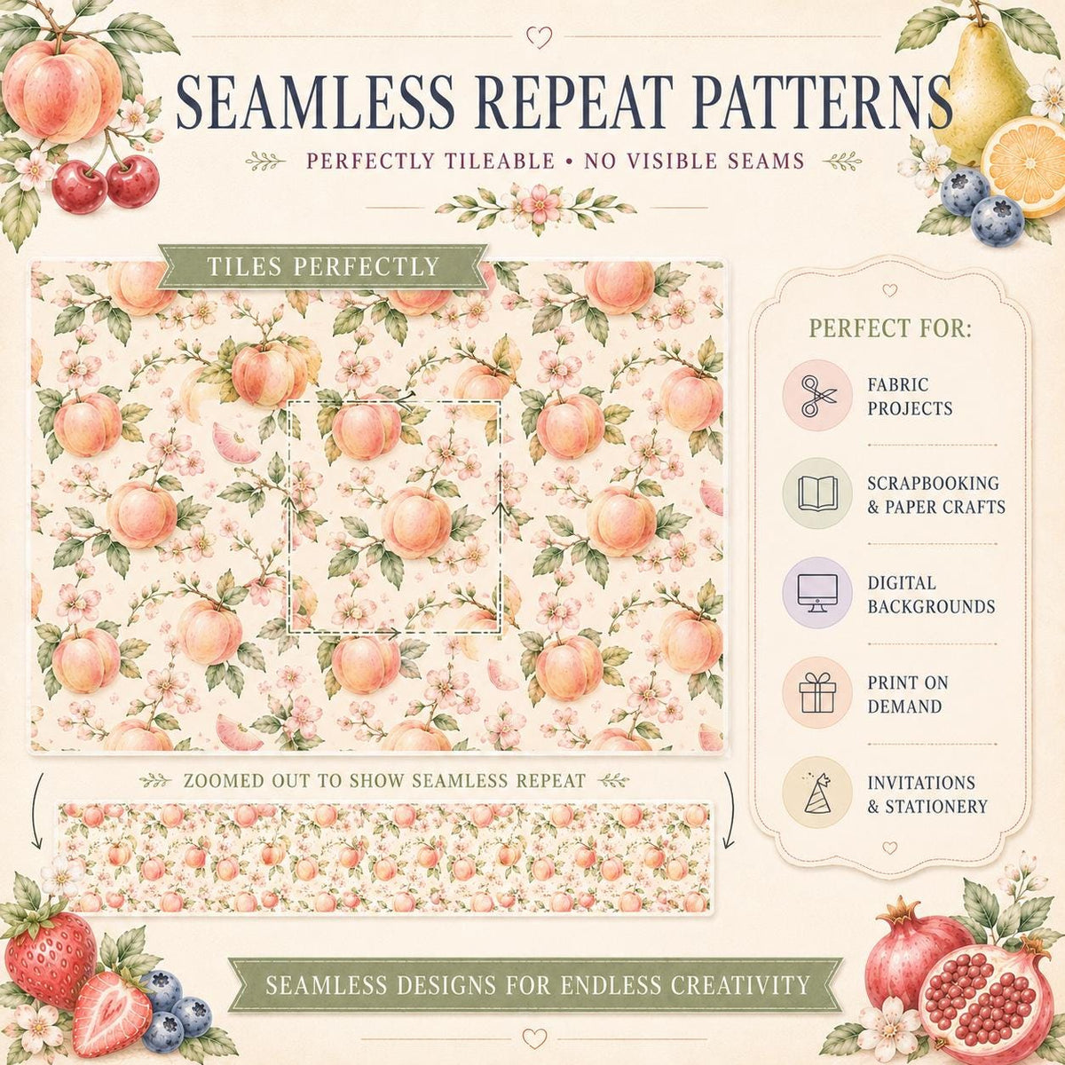 Pastel Fruit Digital Paper Bundle | 20 Seamless Watercolor Patterns | Commercial Use | Instant Download