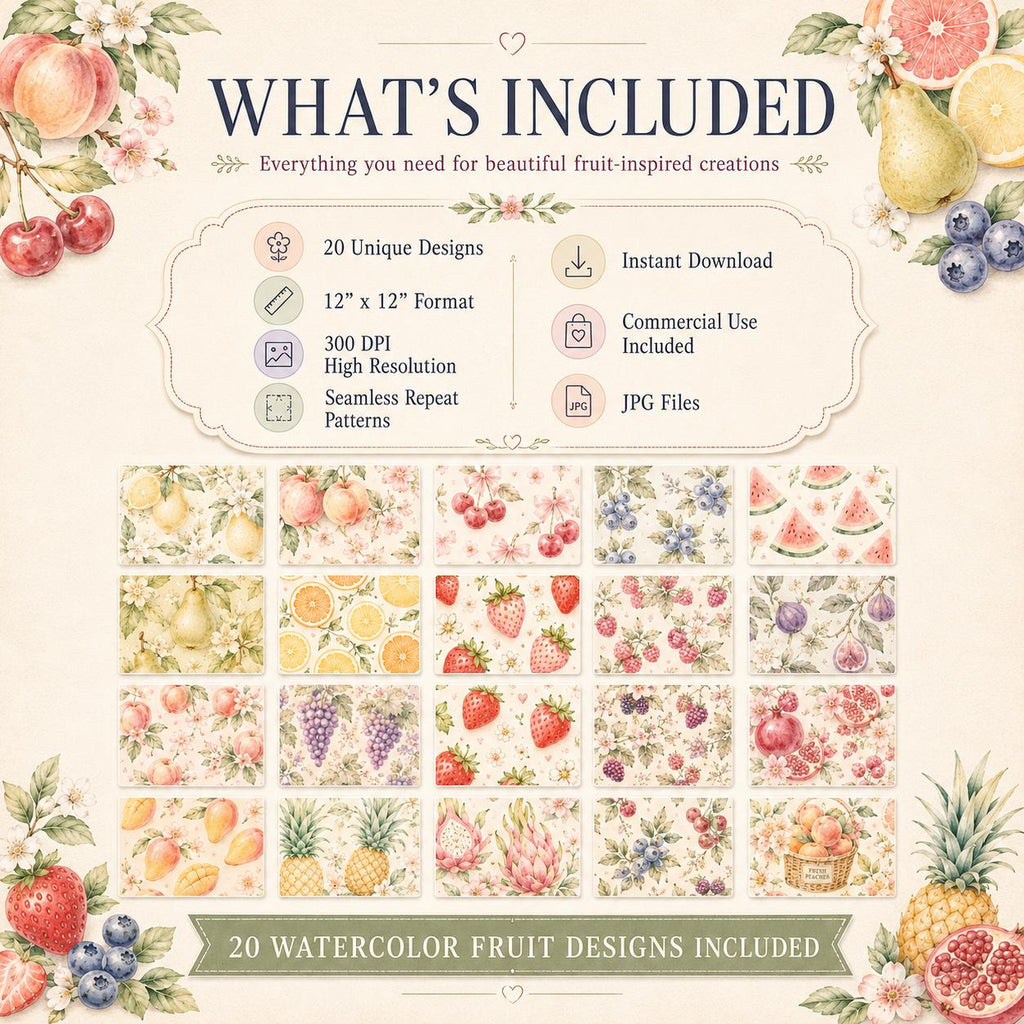 Pastel Fruit Digital Paper Bundle | 20 Seamless Watercolor Patterns | Commercial Use | Instant Download