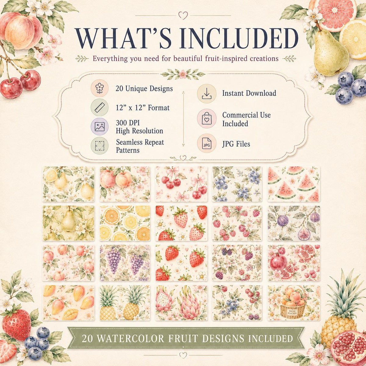 Pastel Fruit Digital Paper Bundle | 20 Seamless Watercolor Patterns | Commercial Use | Instant Download
