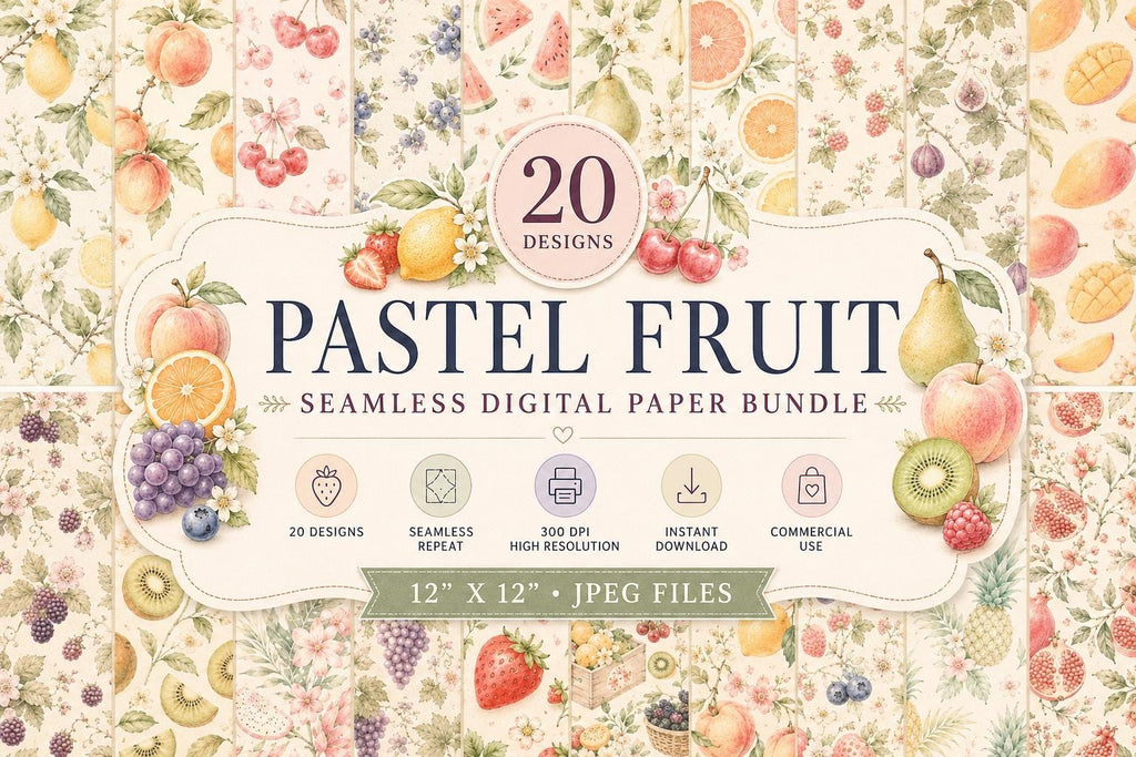 Pastel Fruit Digital Paper Bundle | 20 Seamless Watercolor Patterns | Commercial Use | Instant Download