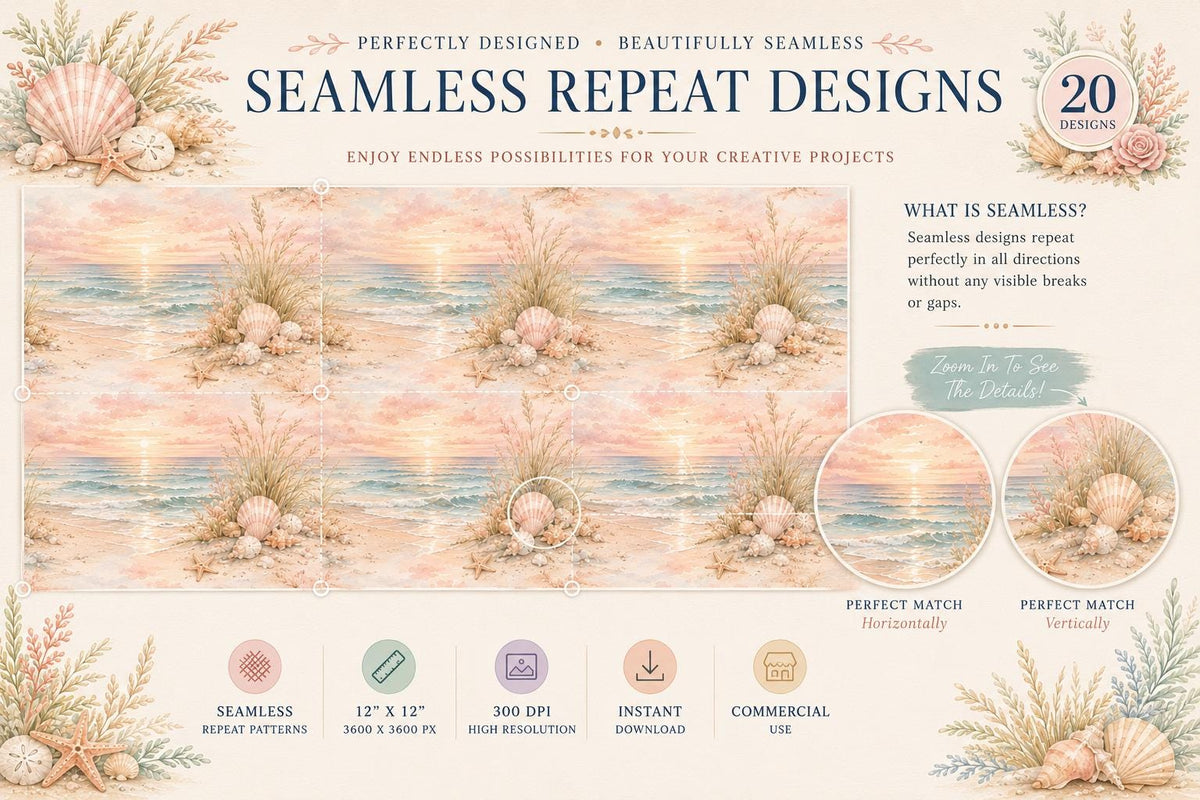 Pastel Coastal Watercolor Digital Paper Bundle | Beach Sunset Seamless Scrapbook Backgrounds (Digital Download)