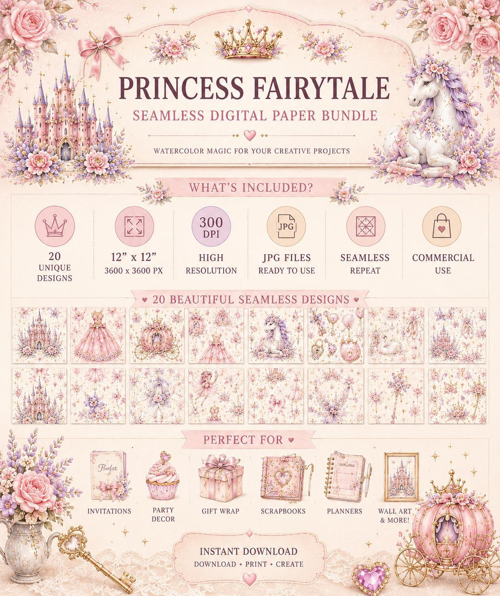 Princess Fairytale Digital Paper Bundle | Pastel Watercolor Seamless Patterns (Instant Download)