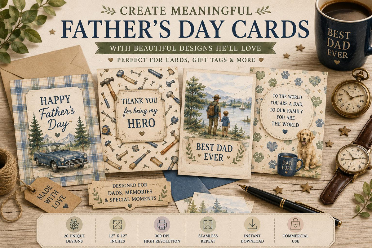Father's Day Watercolor Digital Paper Bundle | 20 Seamless 12x12 Inch Papers (Digital Download)