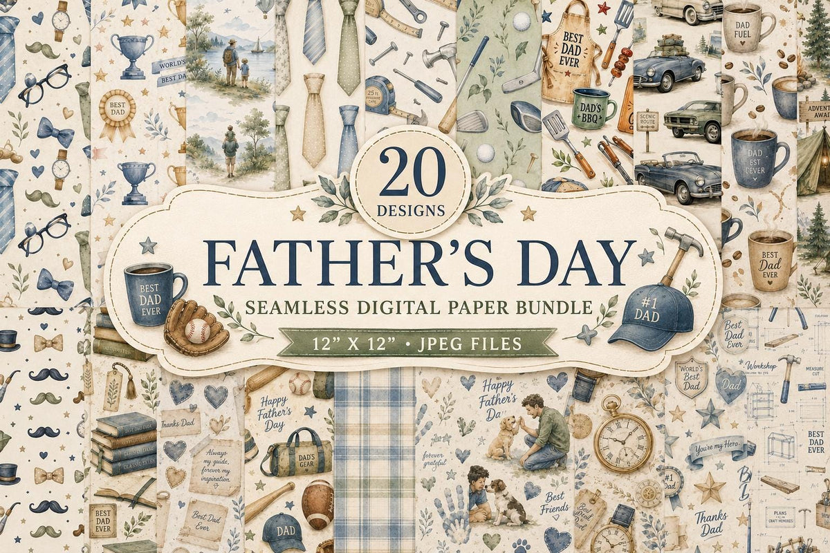 Father's Day Watercolor Digital Paper Bundle | 20 Seamless 12x12 Inch Papers (Digital Download)