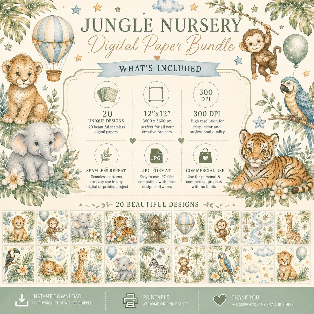 Jungle Nursery Watercolor Papers | Baby Animals, Safari Elements, Seamless Repeat (Digital Download)