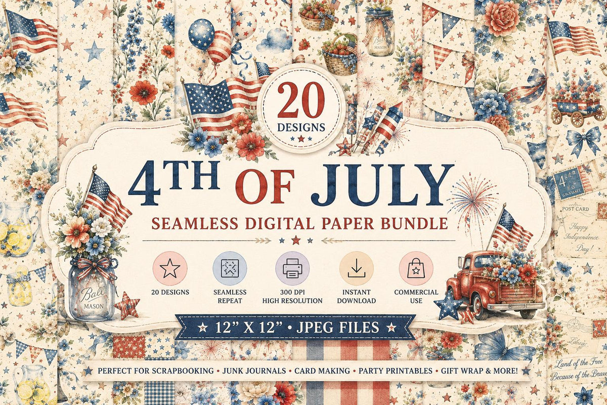 Patriotic Watercolor Digital Paper Bundle | Vintage Americana, 4th of July Designs (Digital Download)