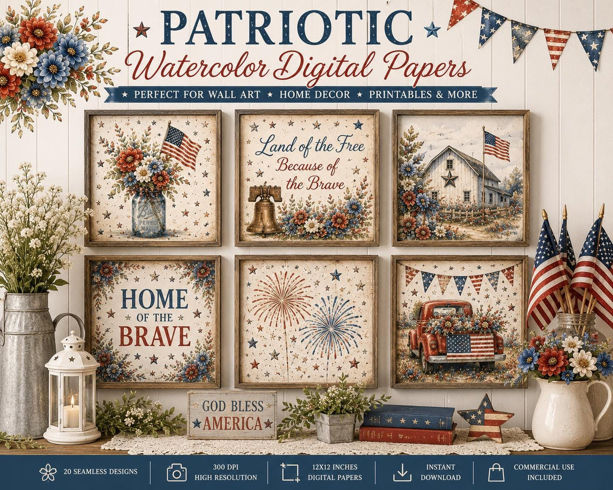 Patriotic Watercolor Digital Paper Bundle | Vintage Americana, 4th of July Designs (Digital Download)