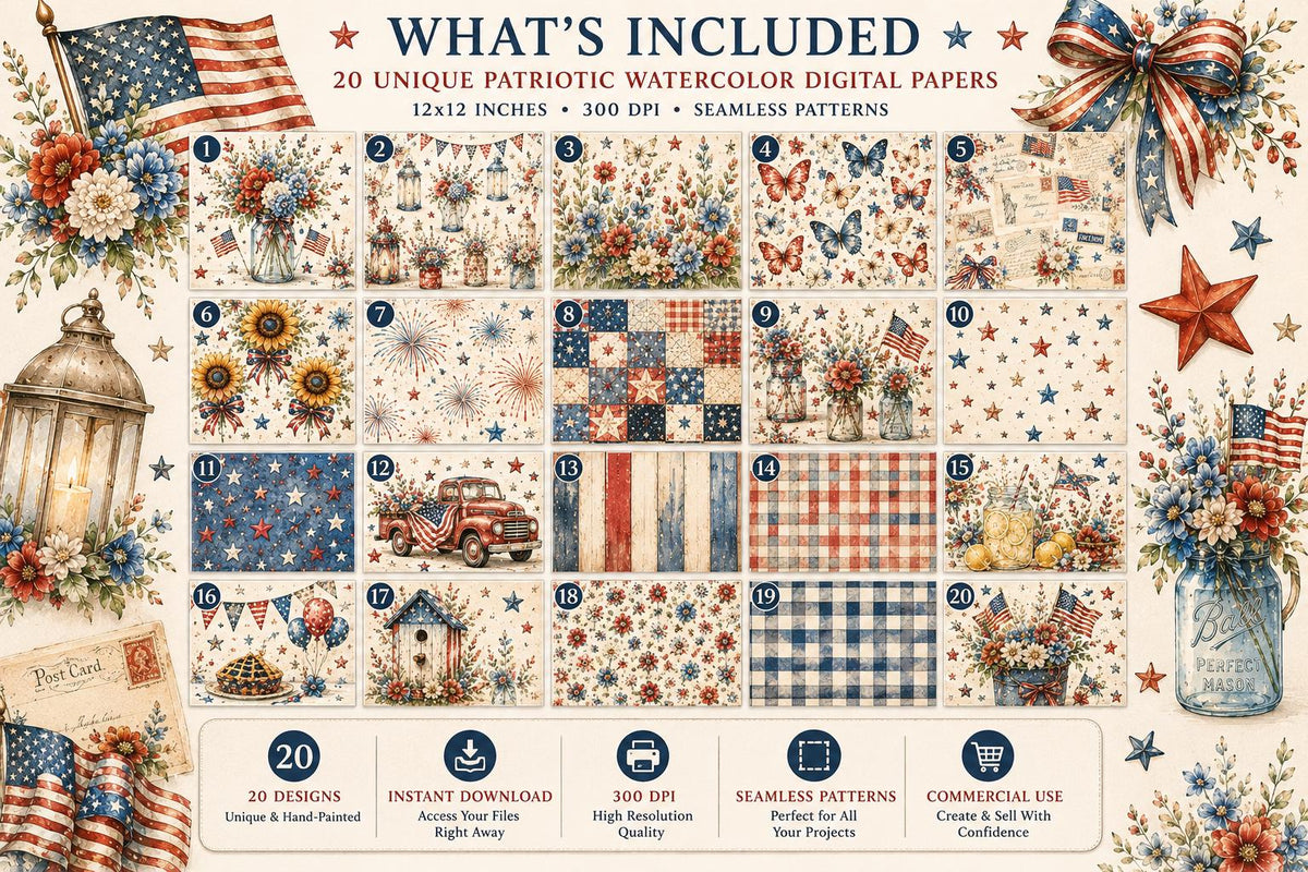 Patriotic Watercolor Digital Paper Bundle | Vintage Americana, 4th of July Designs (Digital Download)
