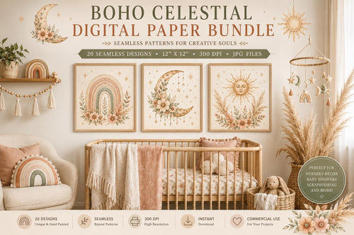 Boho Celestial Watercolor Digital Paper | Neutral Rainbow Moon Patterns (Digital Download)