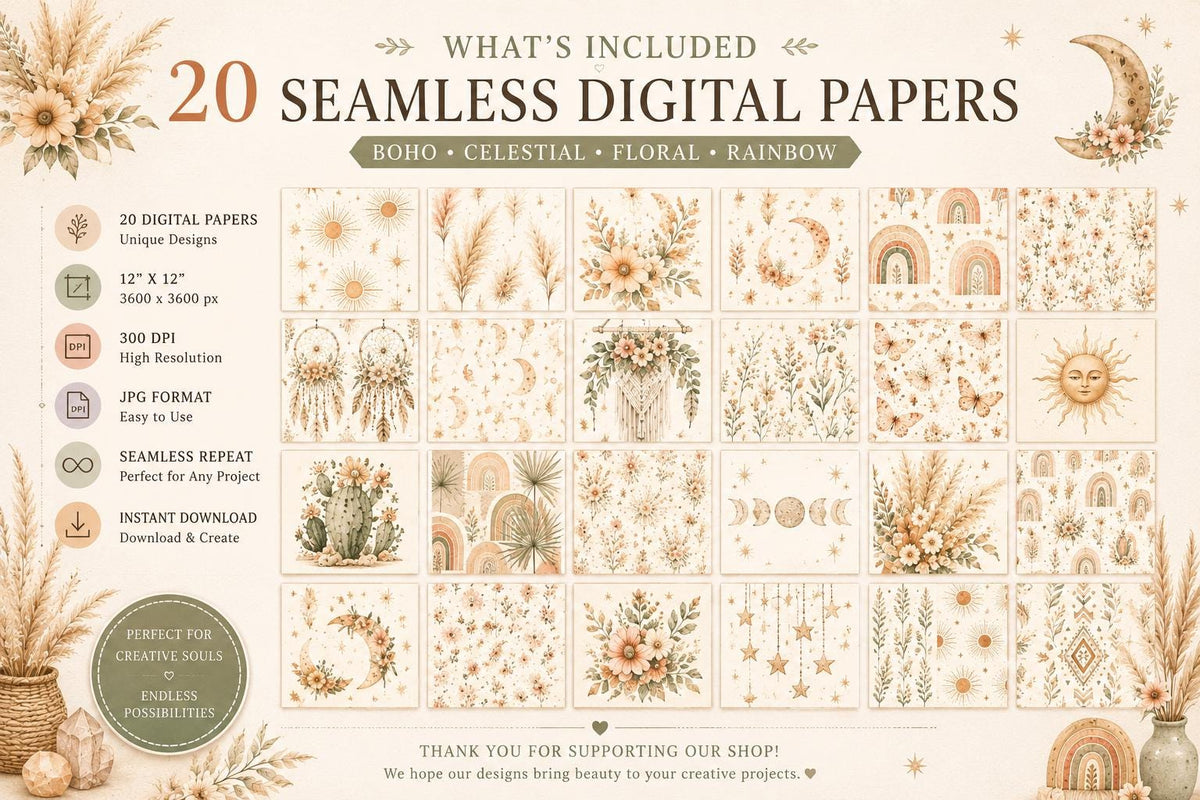 Boho Celestial Watercolor Digital Paper | Neutral Rainbow Moon Patterns (Digital Download)