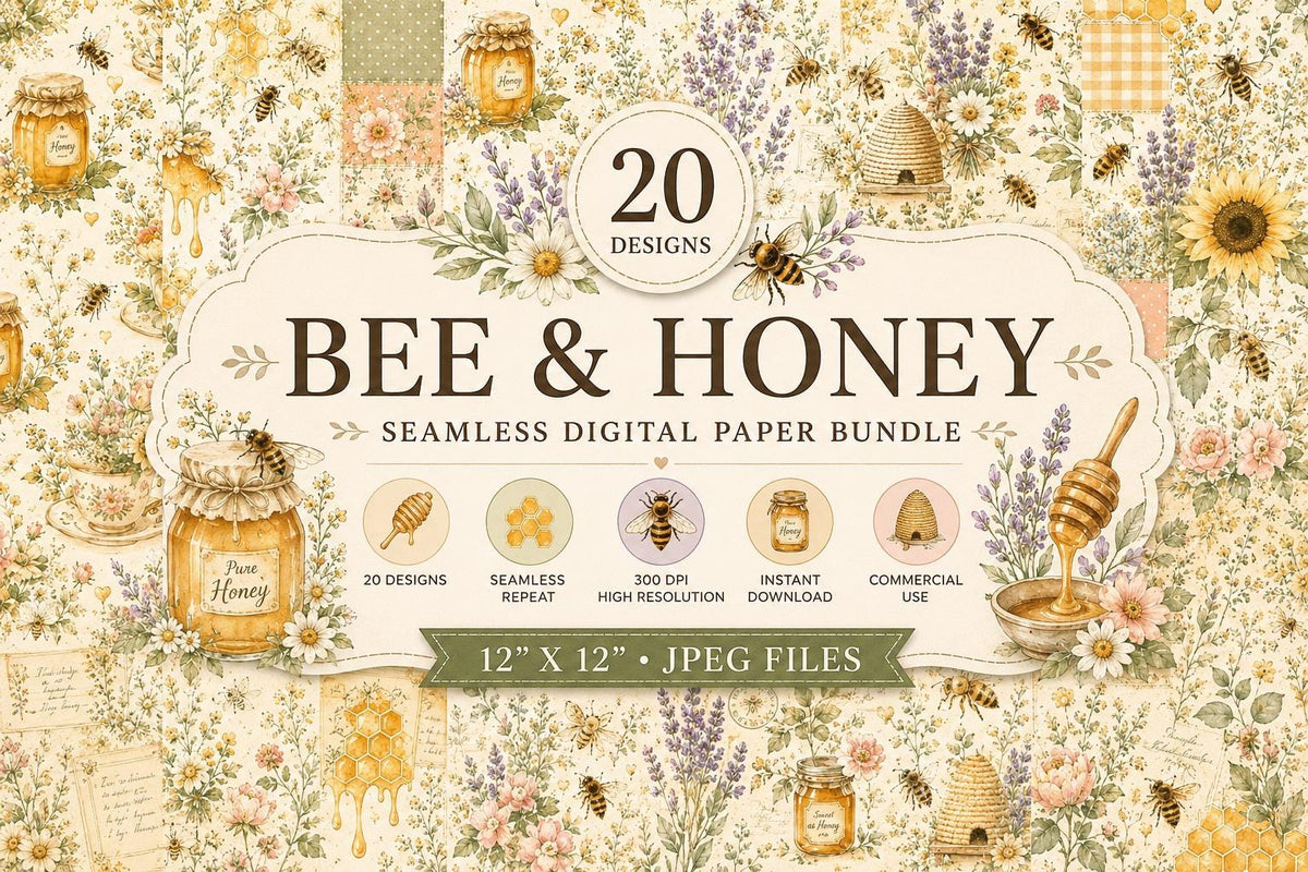 Bee & Honey Watercolor Digital Paper Bundle | Cottagecore Floral Scrapbook Patterns (Digital Download)