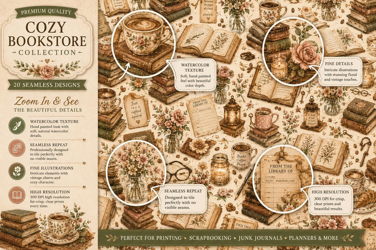 Cozy Bookstore Watercolor Digital Paper Bundle | 20 Seamless Book Lover Patterns (Digital Download)