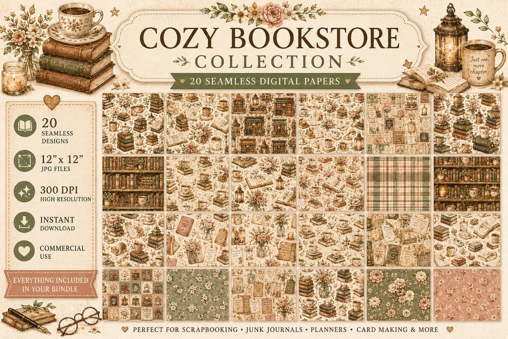 Cozy Bookstore Watercolor Digital Paper Bundle | 20 Seamless Book Lover Patterns (Digital Download)