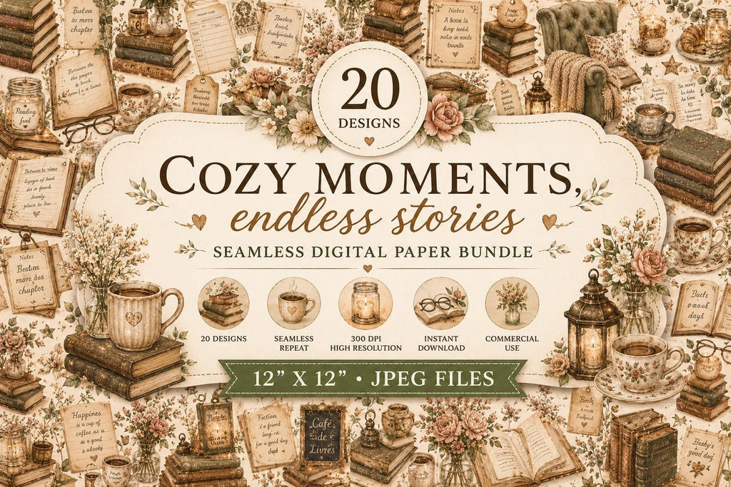 Cozy Bookstore Watercolor Digital Paper Bundle | 20 Seamless Book Lover Patterns (Digital Download)