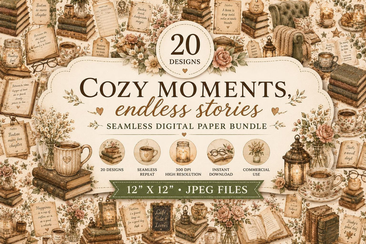 Cozy Bookstore Watercolor Digital Paper Bundle | 20 Seamless Book Lover Patterns (Digital Download)