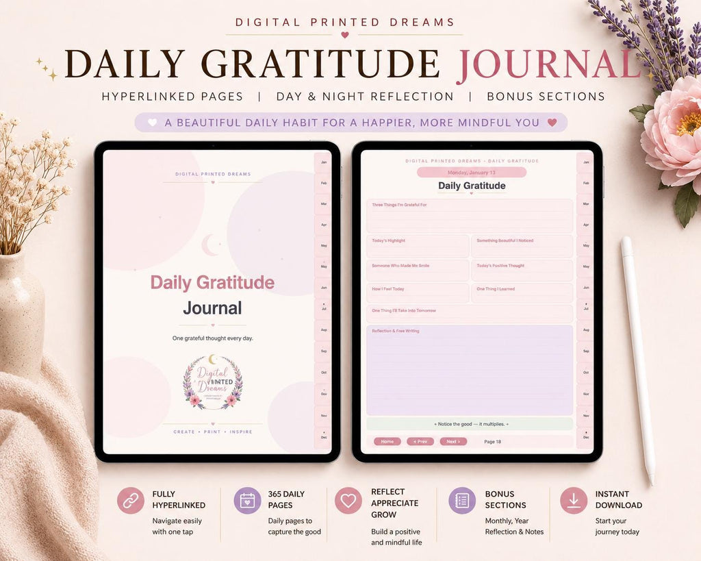 Daily Gratitude Journal | Mindfulness, Self-Care Planner (Digital PDF)