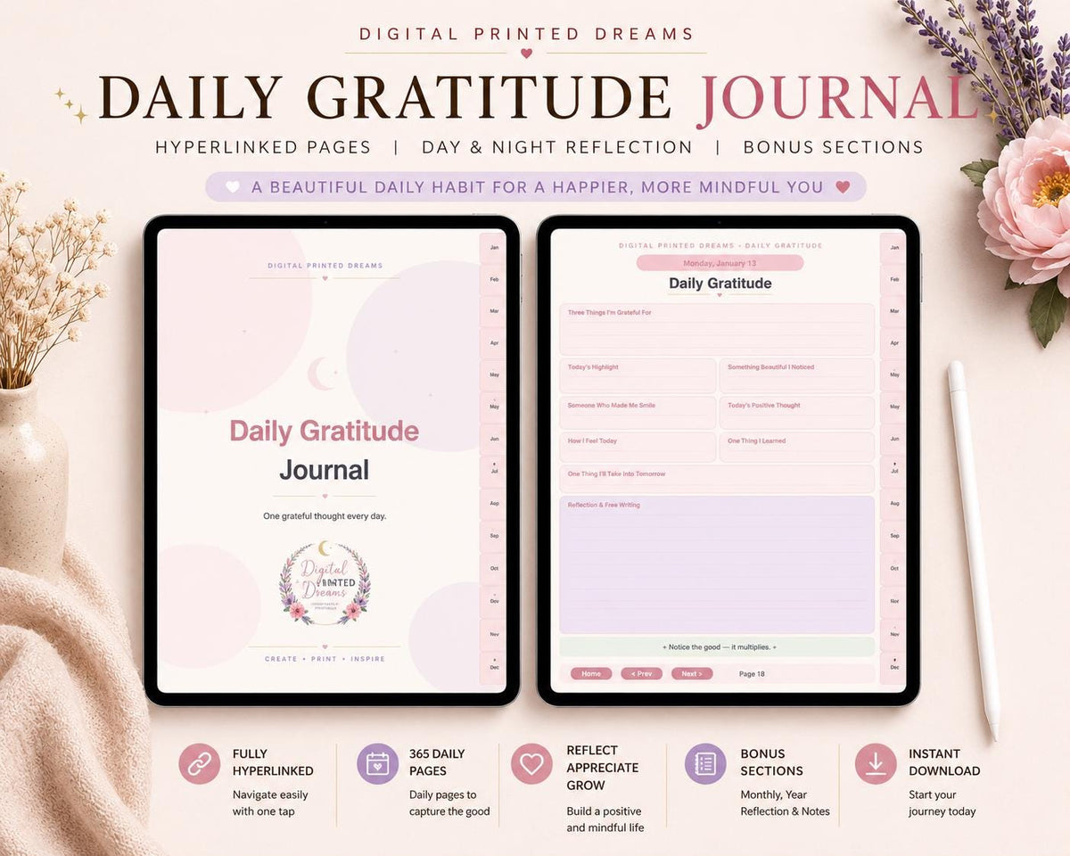 Daily Gratitude Journal | Mindfulness, Self-Care Planner (Digital PDF)