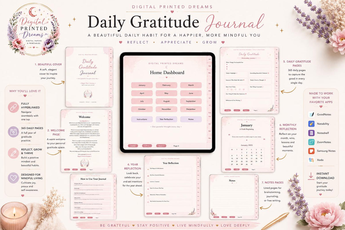 Daily Gratitude Journal | Mindfulness, Self-Care Planner (Digital PDF)