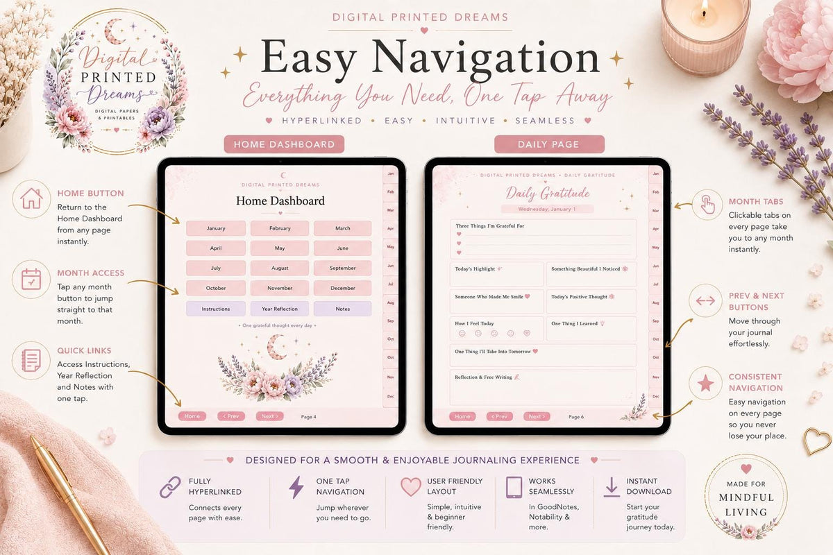 Daily Gratitude Journal | Mindfulness, Self-Care Planner (Digital PDF)