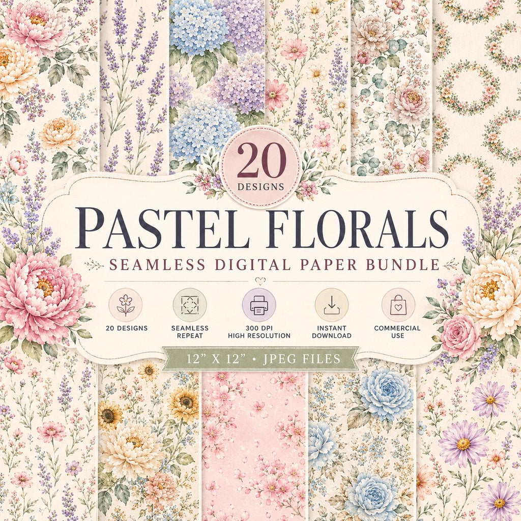 Pastel Floral Digital Paper | Watercolor Flower Patterns | Seamless Scrapbook Paper | Printable Backgrounds | Commercial Use