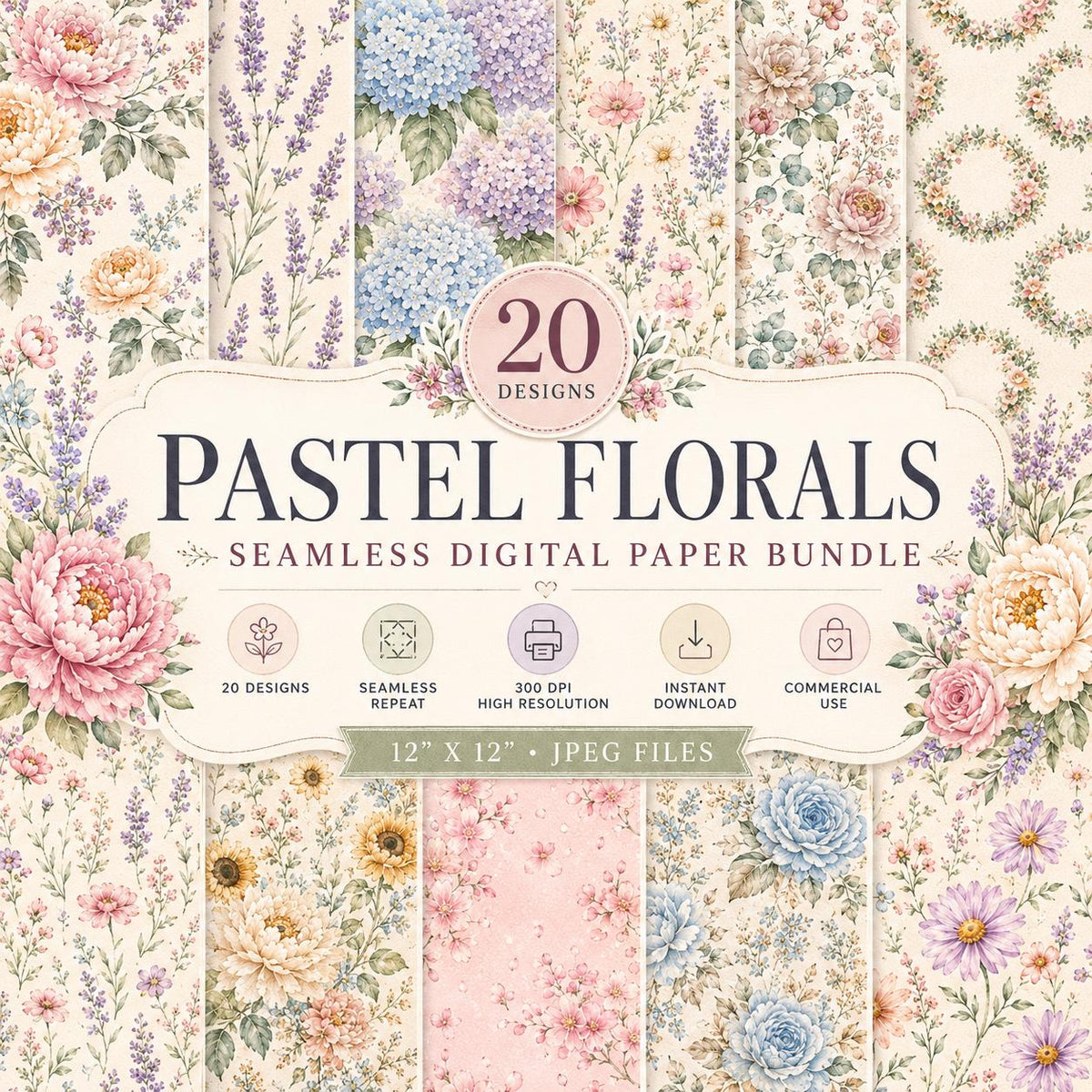 Pastel Floral Digital Paper | Watercolor Flower Patterns | Seamless Scrapbook Paper | Printable Backgrounds | Commercial Use