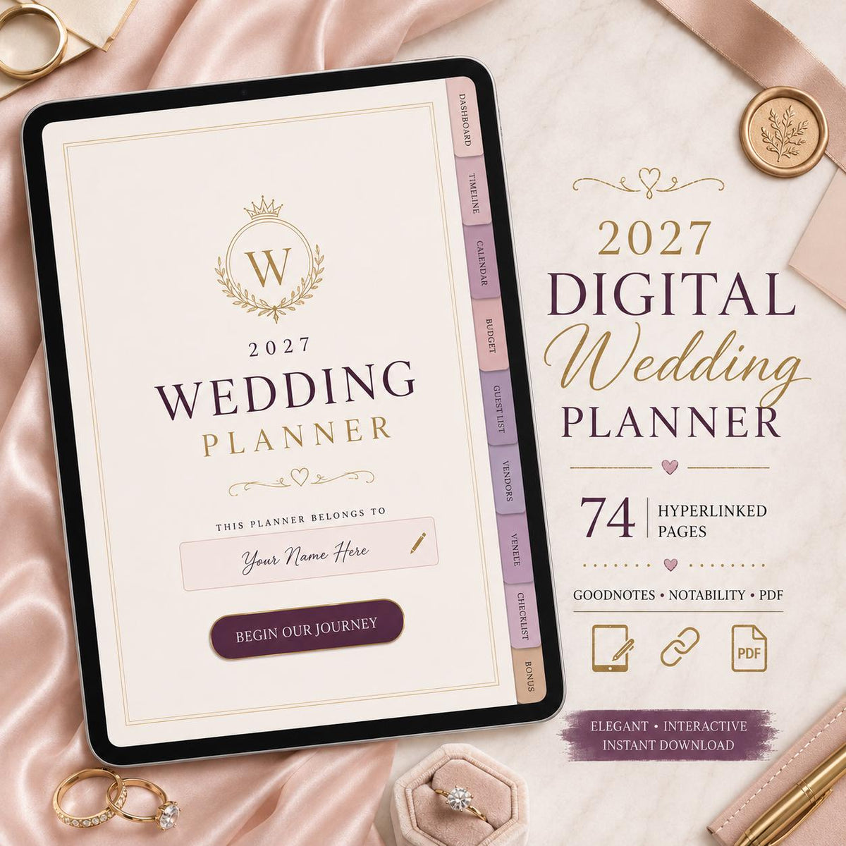 2027 Digital Wedding Planner | Elegant Hyperlinked PDF for GoodNotes, Notability