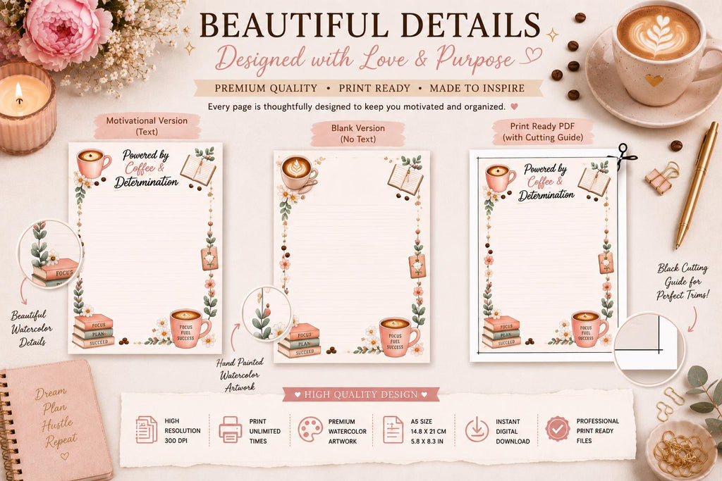 Coffee & Hustle A5 Notepad Pages | Motivational Planner Sheets (Digital Download)