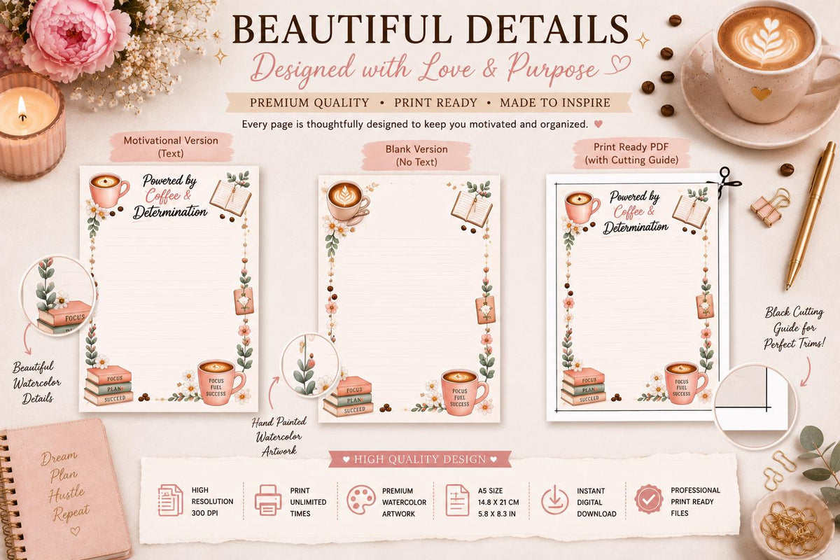 Coffee & Hustle A5 Notepad Pages | Motivational Planner Sheets (Digital Download)
