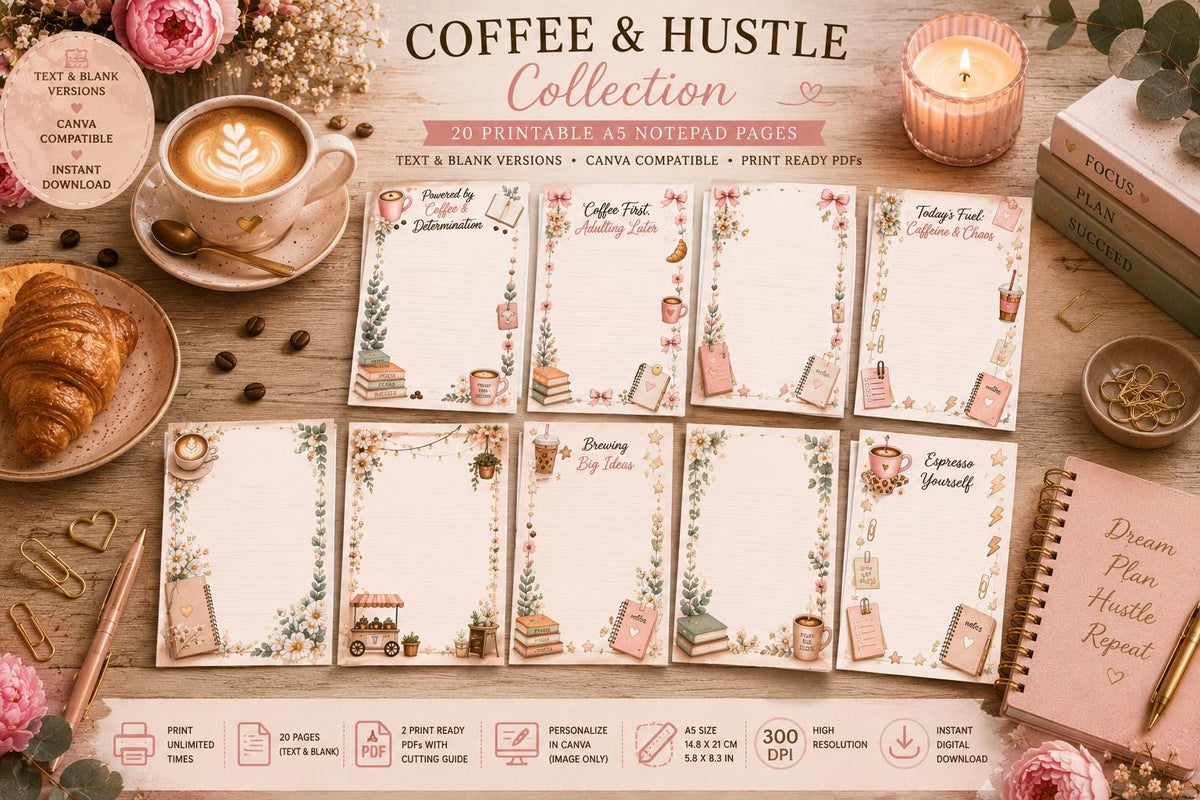Coffee & Hustle A5 Notepad Pages | Motivational Planner Sheets (Digital Download)