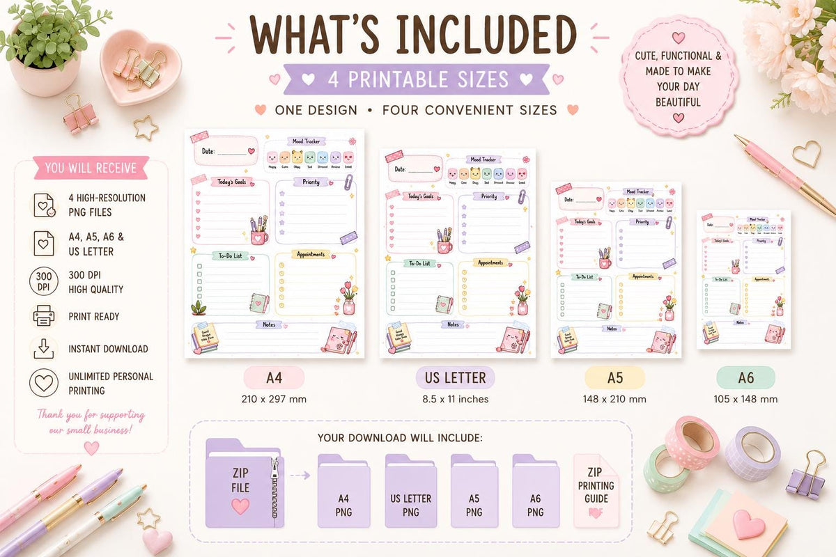 Pastel Daily Planner | Kawaii Mood Tracker, To-Do List (Digital Download)