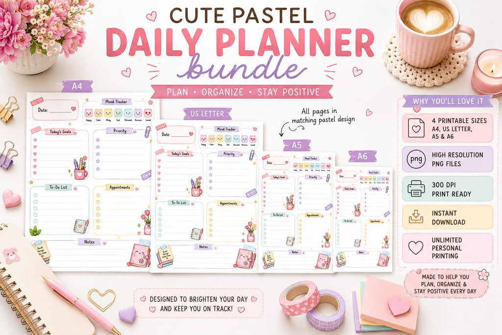 Pastel Daily Planner | Kawaii Mood Tracker, To-Do List (Digital Download)