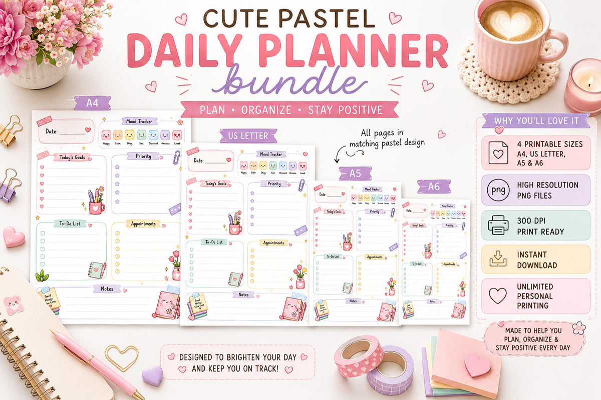 Pastel Daily Planner | Kawaii Mood Tracker, To-Do List (Digital Download)