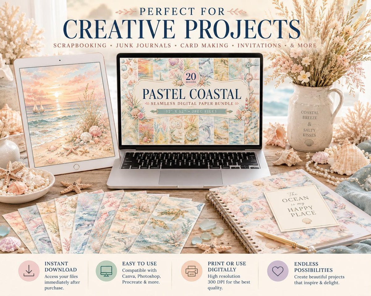 Pastel Coastal Watercolor Digital Paper Bundle | Beach Sunset Seamless Scrapbook Backgrounds (Digital Download)