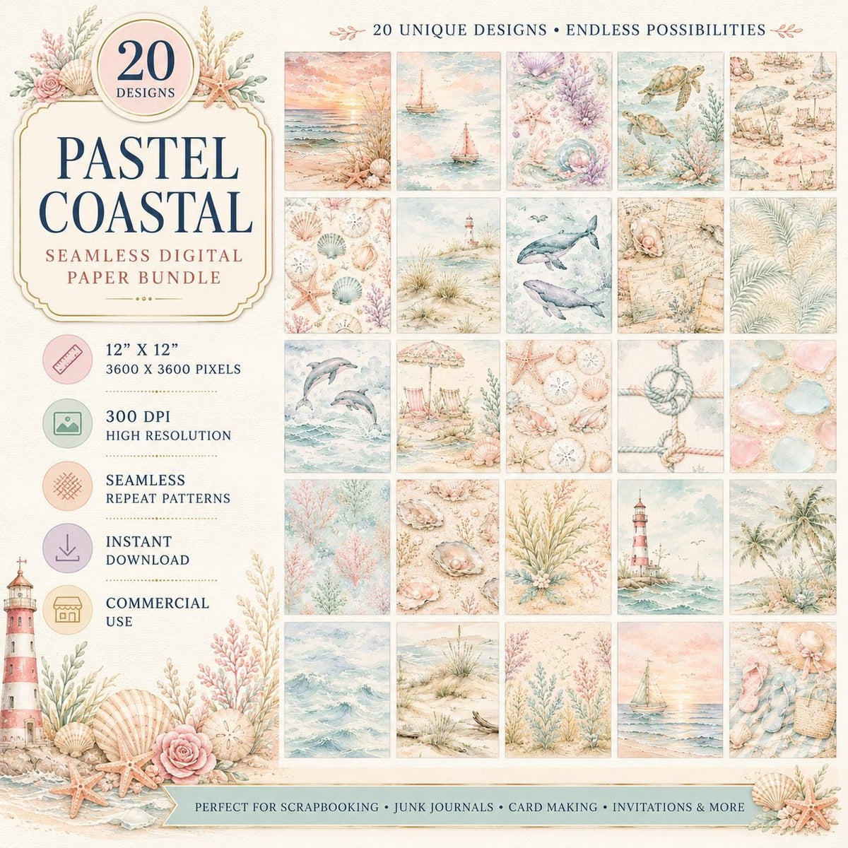 Pastel Coastal Watercolor Digital Paper Bundle | Beach Sunset Seamless Scrapbook Backgrounds (Digital Download)