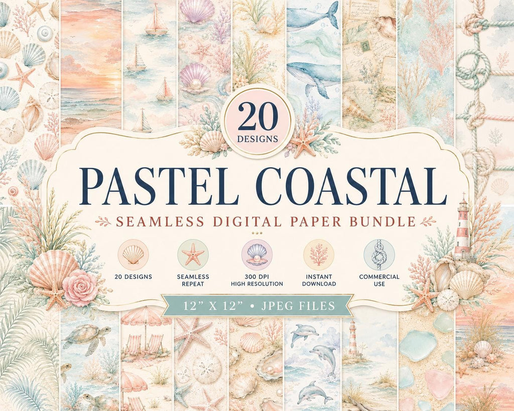 Pastel Coastal Watercolor Digital Paper Bundle | Beach Sunset Seamless Scrapbook Backgrounds (Digital Download)