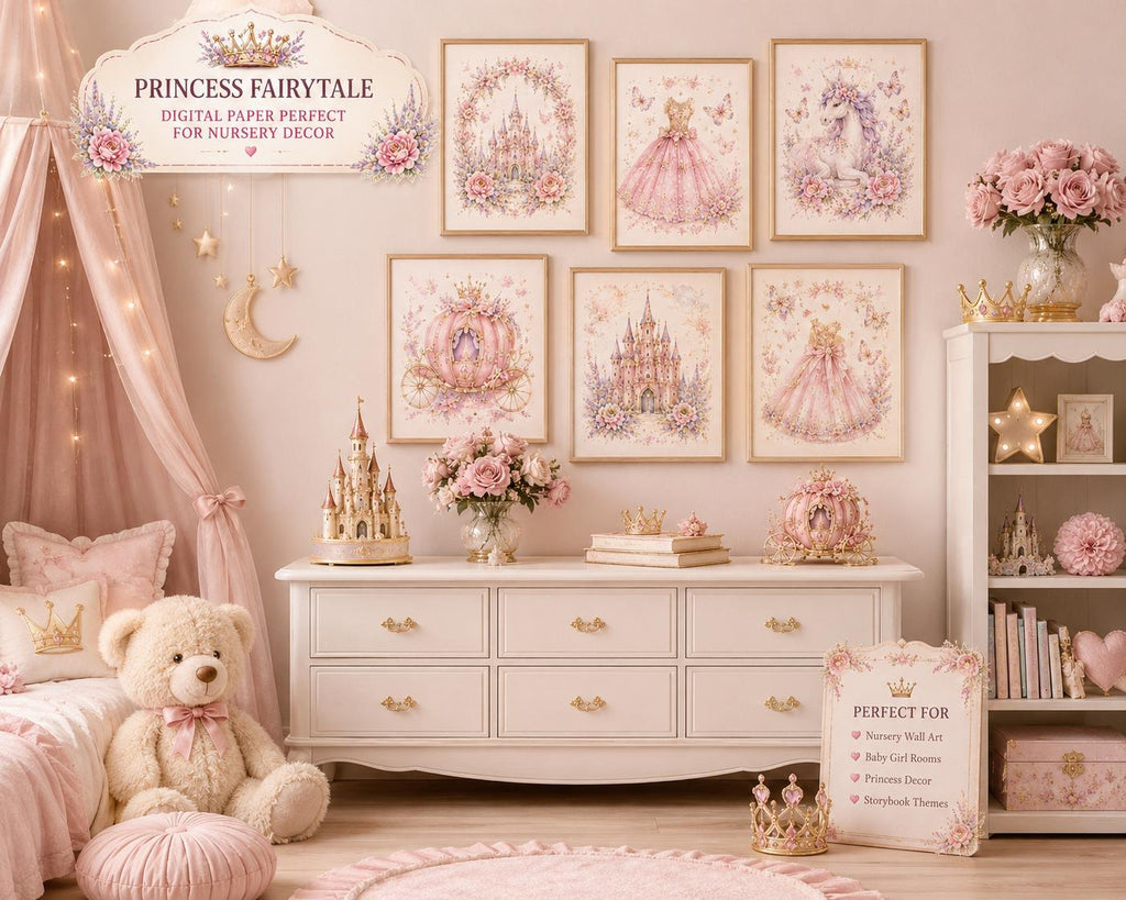 Princess Fairytale Digital Paper Bundle | Pastel Watercolor Seamless Patterns (Instant Download)