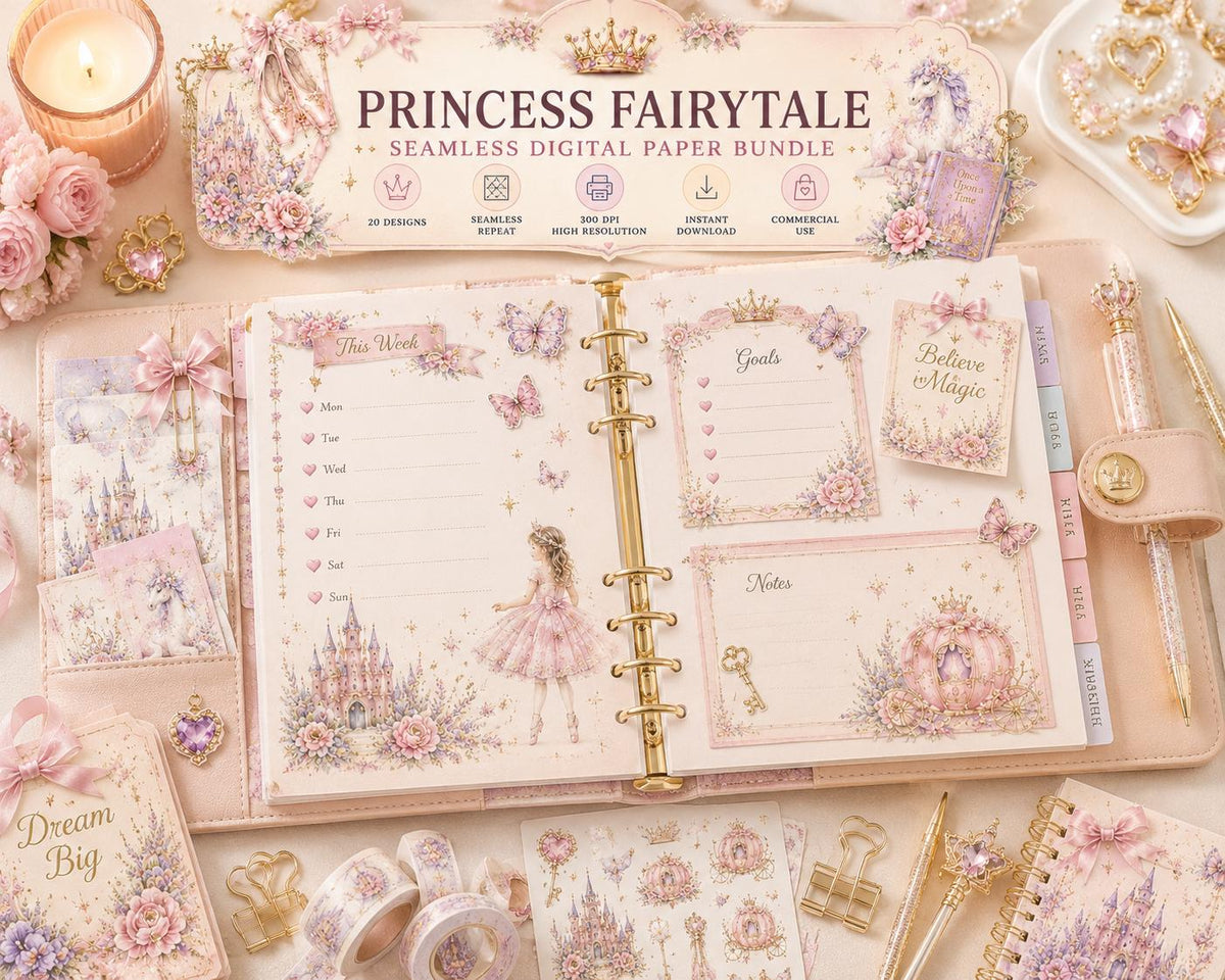 Princess Fairytale Digital Paper Bundle | Pastel Watercolor Seamless Patterns (Instant Download)